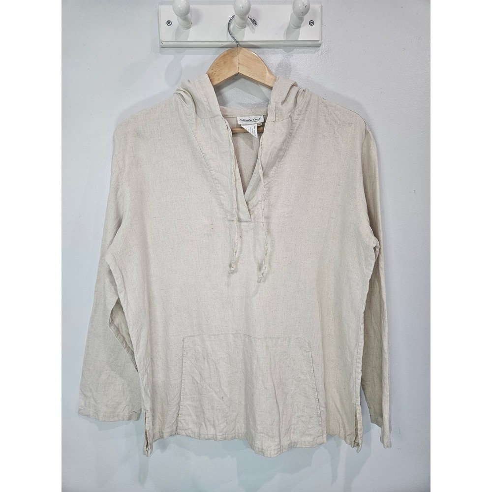 Coldwater Creek Womens Linen Blend Hooded Pullover Tunic Oatmeal Beige Size M